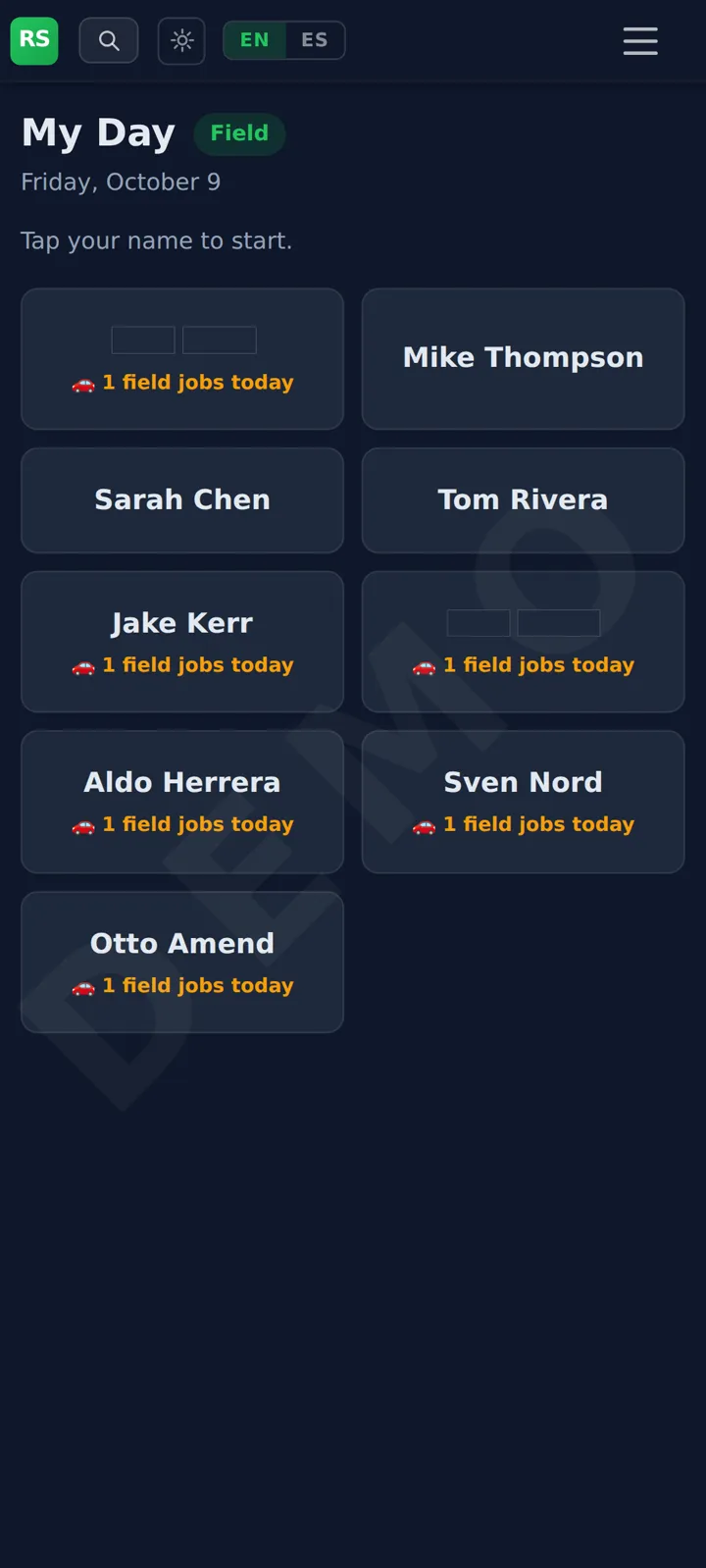 Field tech day screen on an Android phone, demo shop