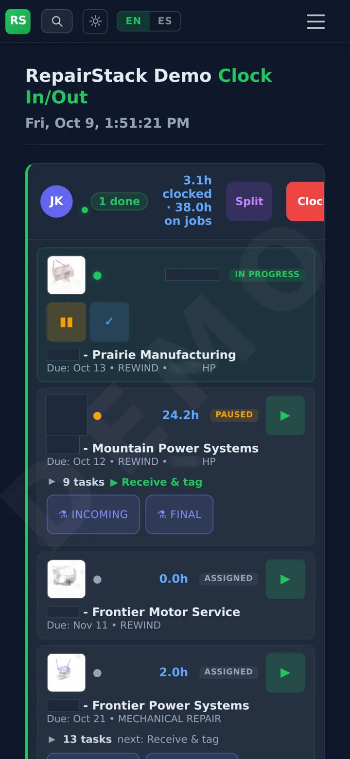 Time clock on a phone, demo shop